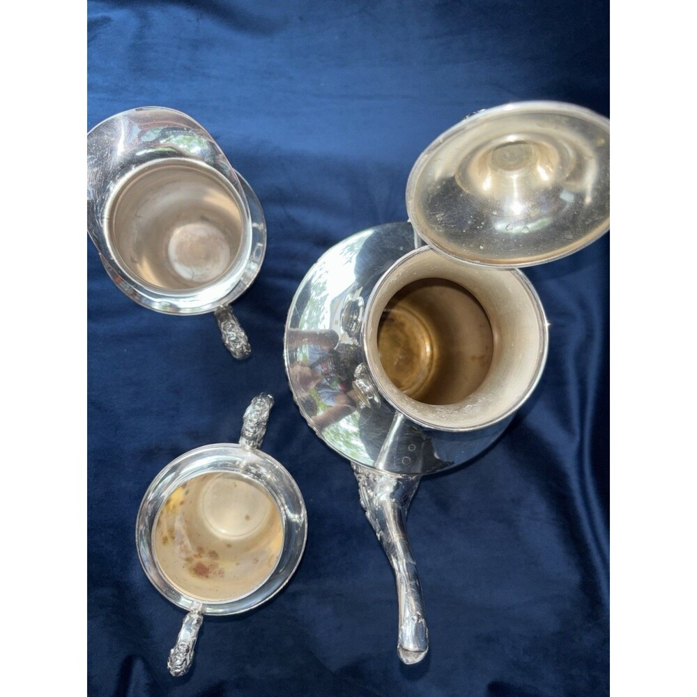 3-Piece Silverplate Tea/Coffee Set Lidded Pot Creamer Sugar Bowl Silver onCopper - Picture 13 of 16